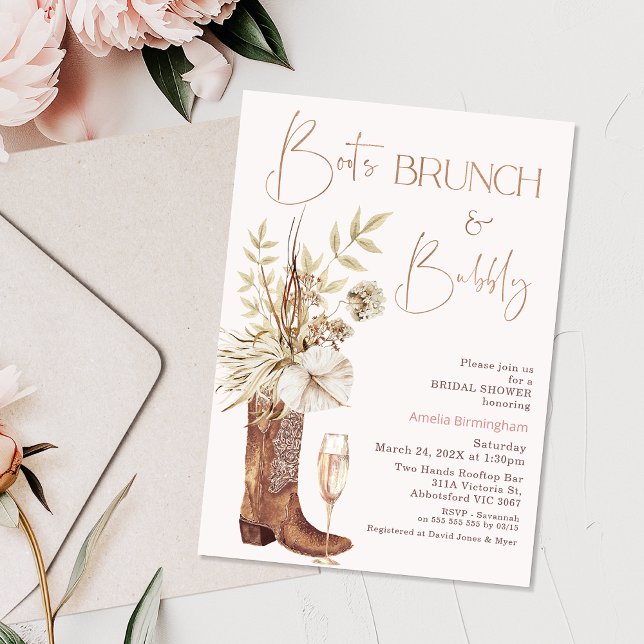 Blumenbeige Stiefel Brunch Bubbly Brautparty Einladung (Boho Beige Boot Brunch Bridal Shower Invitation Template, Floral Cowgirl Boot Bridal Shower Invite)