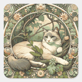 Blumenbeige und Jugendstil-Katze Quadratischer Aufkleber