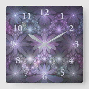 Blumenbett-Trendy-glänzende-abstracte-Fraktal-Kuns Quadratische Wanduhr
