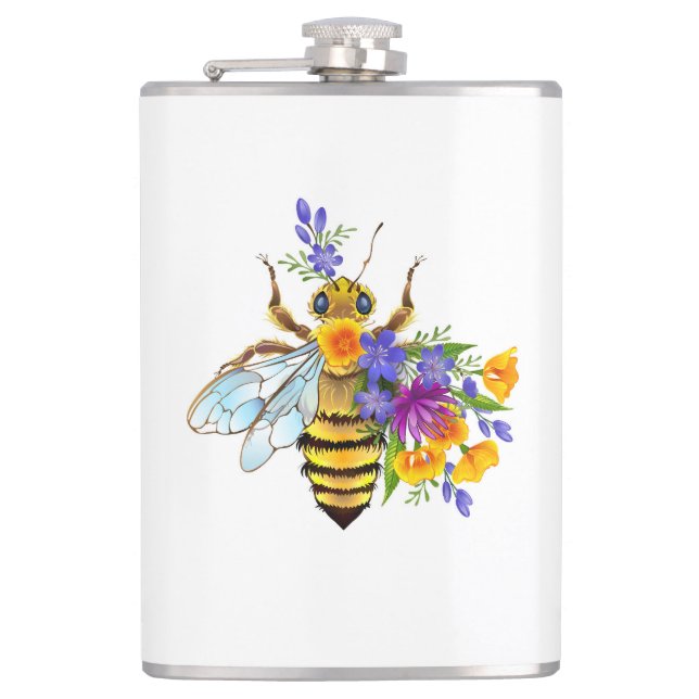 Blumenbiene mit Wildpflanzen Flachmann (Vorderseite)