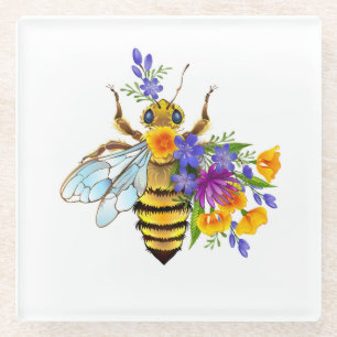 Blumenbiene mit Wildpflanzen Glasuntersetzer