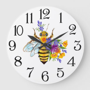 Blumenbiene mit Wildpflanzen Große Wanduhr