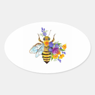 Blumenbiene mit Wildpflanzen Ovaler Aufkleber