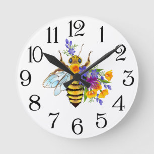 Blumenbiene mit Wildpflanzen Runde Wanduhr