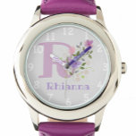 Blumenbild mit Zahlen, Name und Anfangsbuchstaben  Armbanduhr<br><div class="desc">Blumenmuster mit Zahlen rund um den Umfang. Name & Erste Initiale auf einer Kinderuhr. Das Design bietet Monogram & Name mit Blume in einem pastellfarbenen Aquarell-Stil. Beispielname ist Rhianna. Ändern Sie den Namen nach Wunsch für jeden,  der einen Namen hat,  der mit R beginnt.</div>