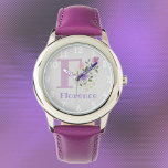 Blumenbild mit Zahlen, Name und Anfangsbuchstaben  Armbanduhr<br><div class="desc">Blumenmuster mit Zahlen rund um den Umfang. Name & Erste Initiale auf einer Kinderuhr. Das Design bietet Monogram & Name mit Blume in einem pastellfarbenen Aquarell-Stil. Beispielname ist Florenz. Ändern Sie den Namen nach Wunsch für jeden,  der einen Namen hat,  der mit F beginnt.</div>