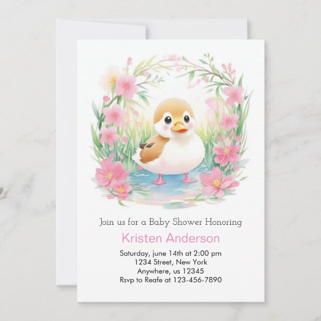 Blumenbläser Pink Duck Girl Babydusche Einladung (Vorderseite)