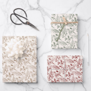 Blumenblatt-Kunstmuster auf Rot-Salbei-Grün-Beige Geschenkpapier Set