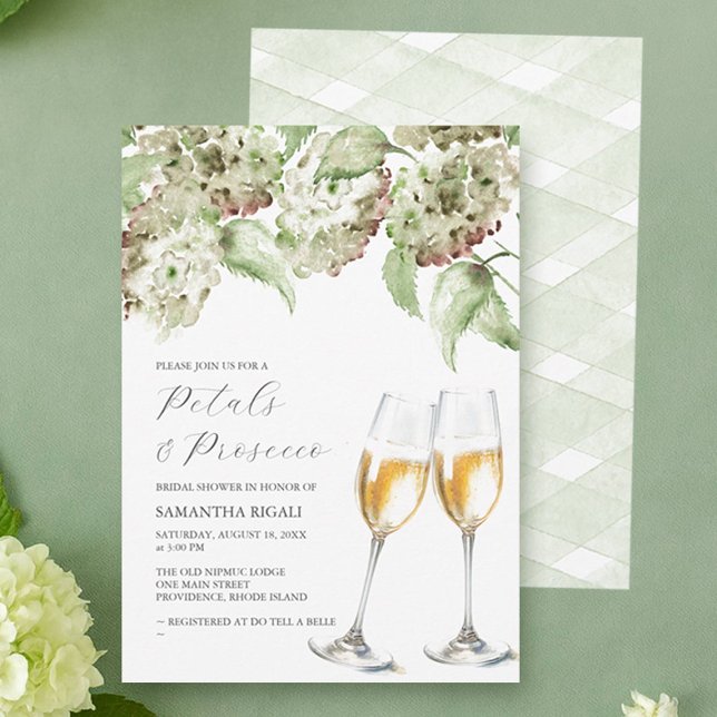 Blumenblätter und Prosecco Brautdusche Einladung H (Petals and prosecco bridal shower invitations designed with hand painted watercolor hydrangea art )