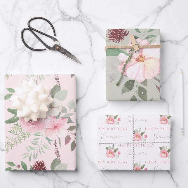 Blumenblätter zum Geburtstag von Aquarell Geschenkpapier Set (Vorderseite)
