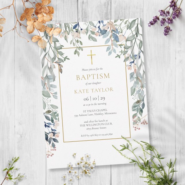Blumenblätterung Elegante Gold Taufe Christening Einladung (Von Creator hochgeladen)