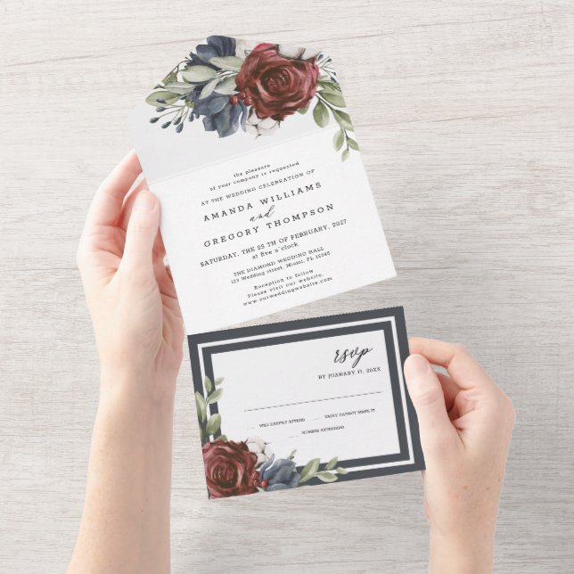 Blumenblau | Elegante Hochzeit All In One Einladung (Abreißen)