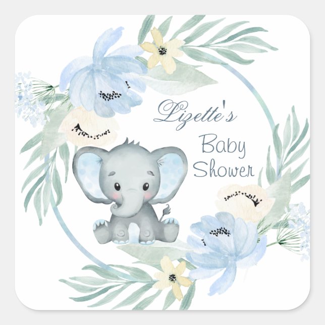 Blumenblau Elephant Baby Dusche Quadratischer Aufkleber (Vorderseite)