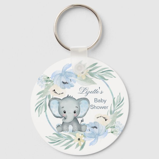 Blumenblau Elephant Baby Showknopf Schlüsselanhäng Schlüsselanhänger (Vorderseite)