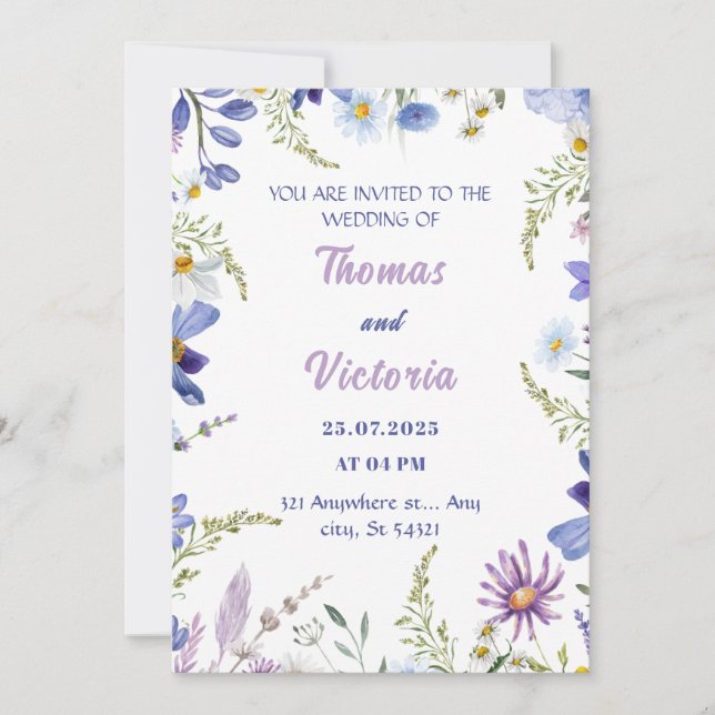 Blumenblau, lila, Grün Moderne Hochzeit Einladung (Vorderseite)