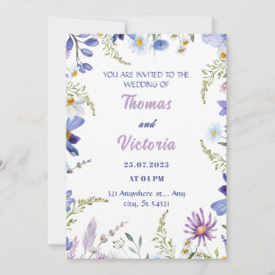 Blumenblau, lila, Grün Moderne Hochzeit Einladung