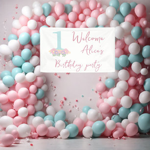 Blumenblau, rosa Pastellfarben 1. Geburtstag Party Banner