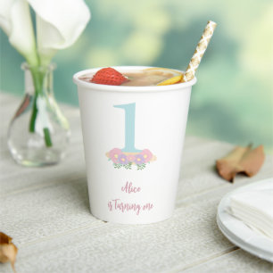 Blumenblau, rosa Pastellfarben 1. Geburtstagsparty Pappbecher
