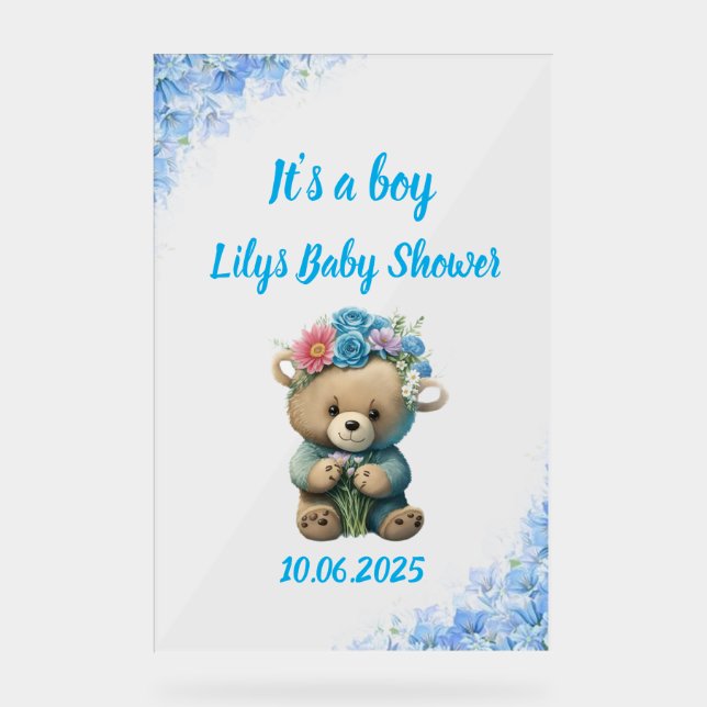 Blumenblau-Tedrusse-Babyduschzeichen Acrylschild (Vorderseite)