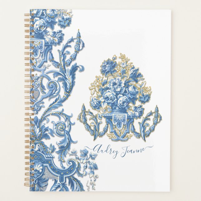 Blumenblau Weiß Elegante Englische Country Hütte Planer (Vorderseite)