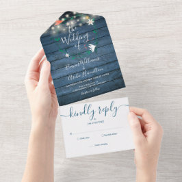Blumenblaue, rustikale Holzwinger-Hochzeit All In One Einladung