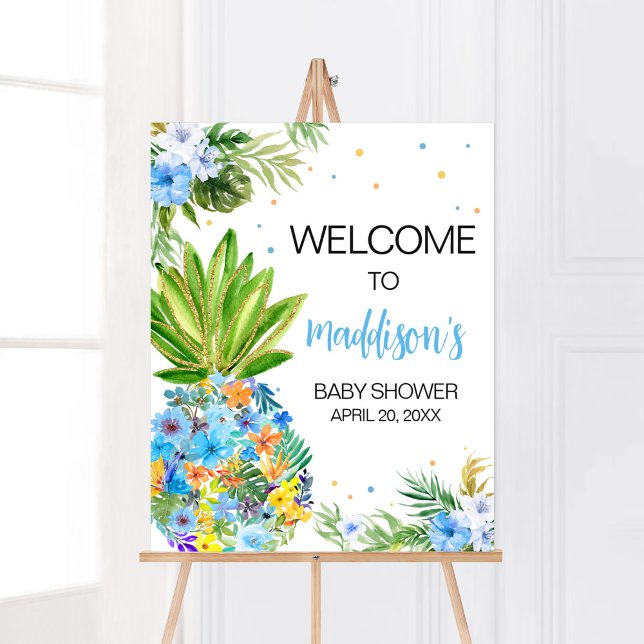 Blumenblauer Ananas Baby Dusche Empfang Poster (Blue Gold Pineapple Baby Shower Welcome Sign)