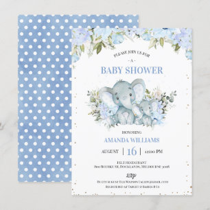 Blumenblauer Elefant und Kindermädchen Babydusche Einladung