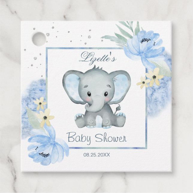 Blumenblauer Elephant Babydusche Geschenkanhänger (Vorderseite)