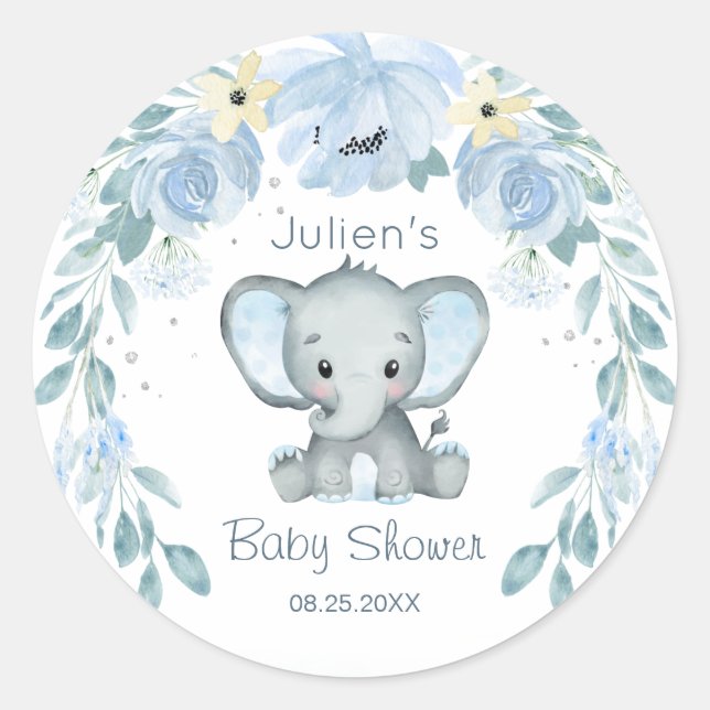 Blumenblauer Elephant Babydusche Runder Aufkleber (Vorderseite)