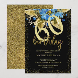 Blumenblauer Glitzer Goldkalligrafie Geburtstag Einladung