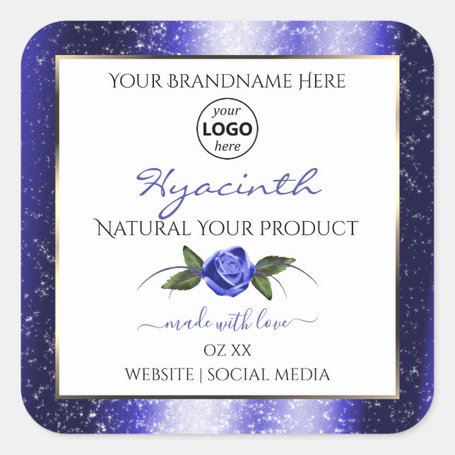 Blumenblauer Glitzer-Label-Logo Quadratischer Aufkleber (Vorderseite)