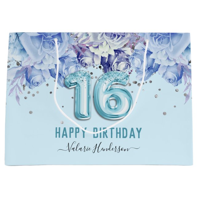 Blumenblauer Glitzer Light Blue Happy 16. Geburtst Große Geschenktüte (Vorderseite)