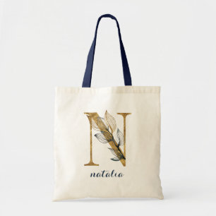 Blumenblauer Goldleaf-Pflanze Monogram Letter "N" Tragetasche