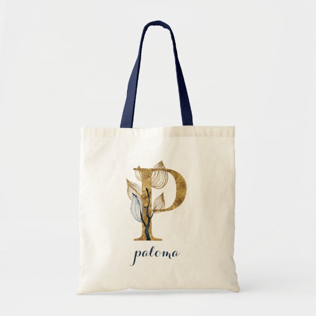 Blumenblauer Goldleaf-Pflanze Monogram Letter "P" Tragetasche (Vorne)