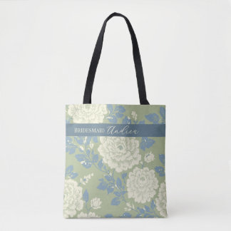 Blumenblauer grüner Blockdruck w Blue Strip Tasche