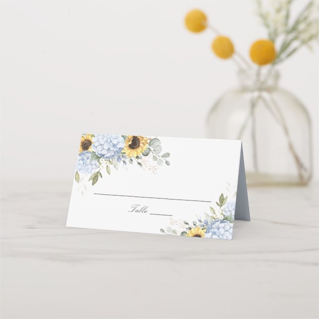 Blumenblauer Hydrangea Sonnenblume Hochzeitsstimmu Platzkarte (Vorderseite)