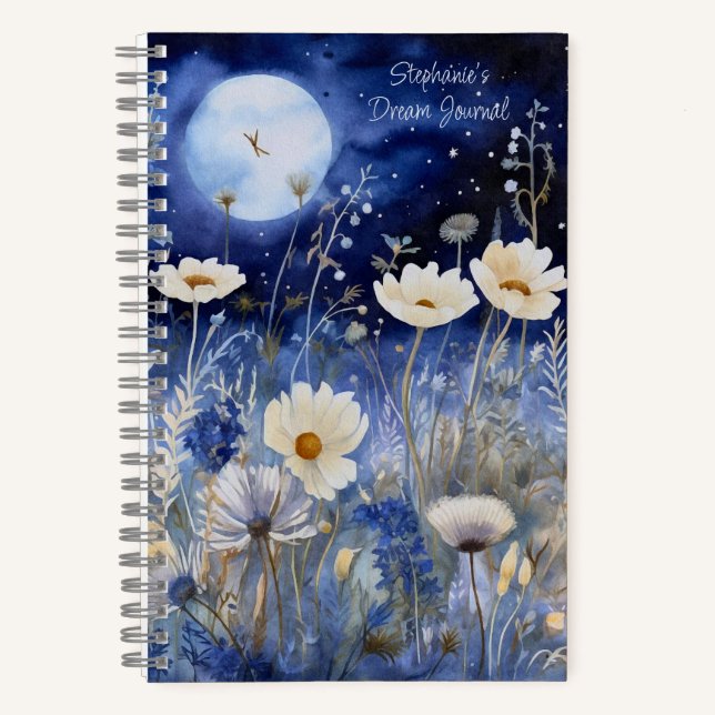 Blumenblauer Mond Wasserfarbe Custom Dream Journal Notizbuch (Vorderseite)