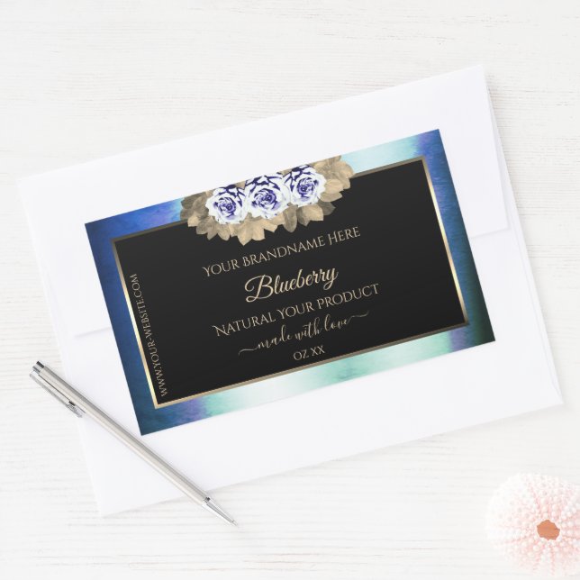 Blumenblauer Rose Schwarzes Etikett Rechteckiger Aufkleber (Umschlag)