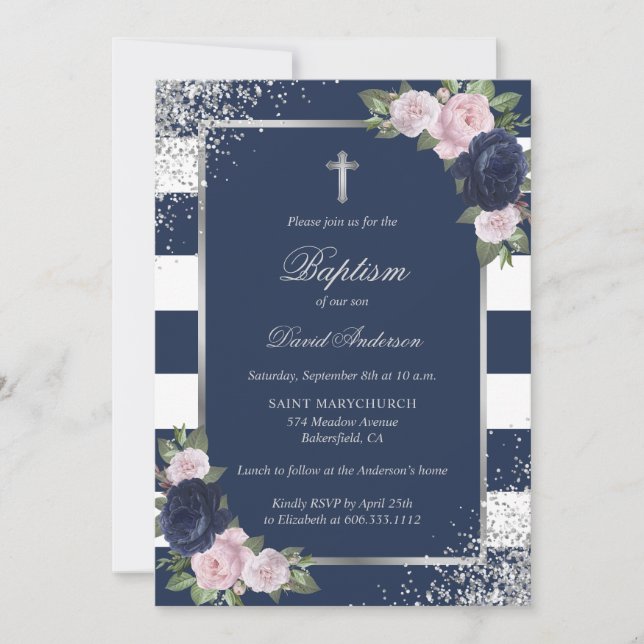Blumenblauer Silberkreuz Elegante Taufe Einladung (Vorderseite)
