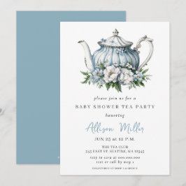 Blumenblauer Tee Party Kinderdusche Einladung
