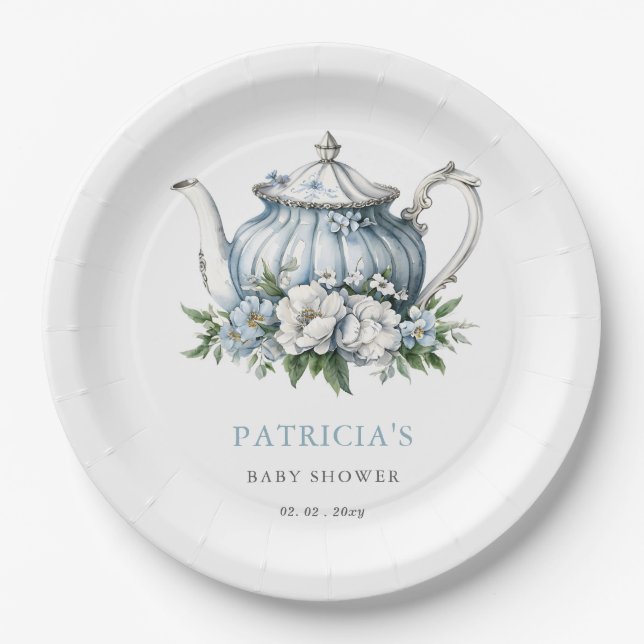 Blumenblauer Tee Party Kinderdusche Pappteller (Vorderseite)