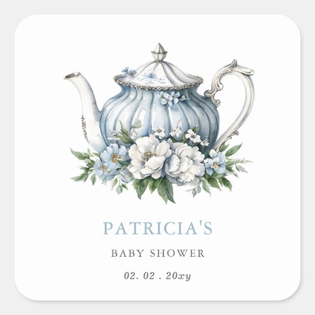 Blumenblauer Tee Party Kinderdusche Quadratischer Aufkleber (Vorderseite)
