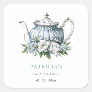 Blumenblauer Tee Party Kinderdusche Quadratischer Aufkleber