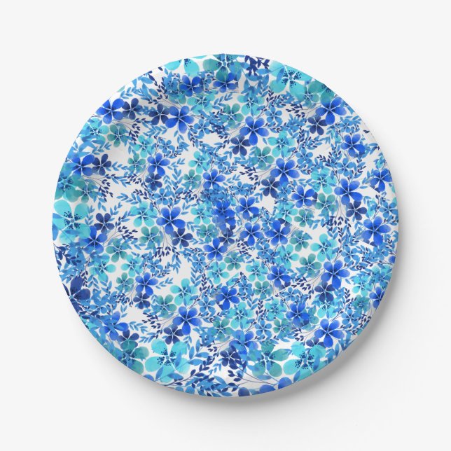 Blumenblauer und türkisfarbener Gartenpapierplatte Pappteller (Vorderseite)
