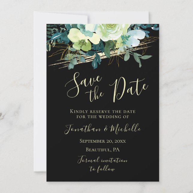 Blumenblauer Weißer Elfenbeingoldschwarz Elegante  Save The Date (Vorderseite)