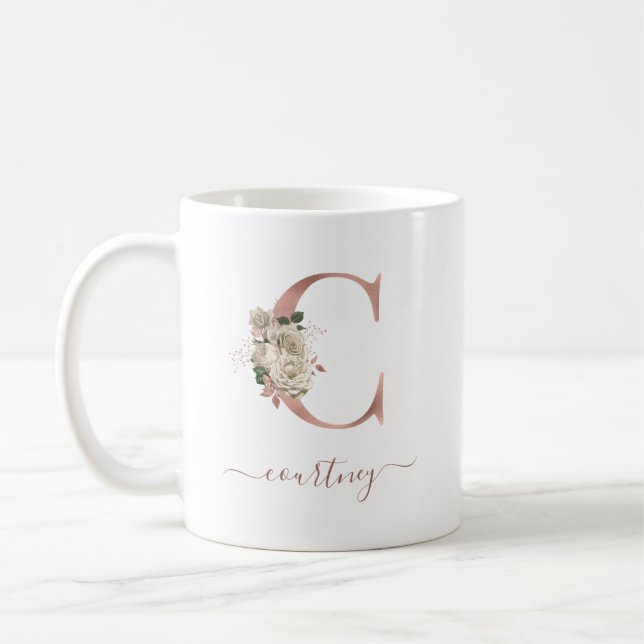 Blumenblume, Elfenbein Rose Gold Monogram Letter " Kaffeetasse (Links)