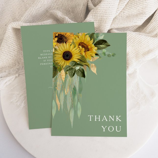 Blumenblume Eukalyptus Sage Grüne Hochzeit Dankeskarte (Floral Sunflower Eucalyptus Sage Green Wedding Thank You Card)