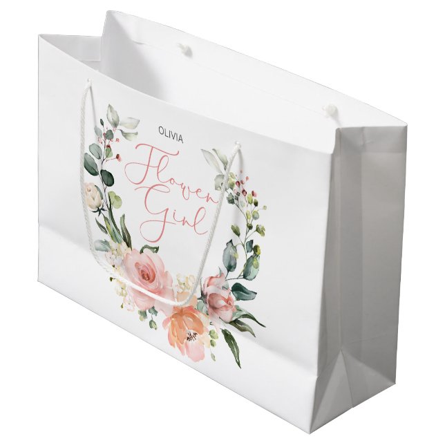 Blumenblume Girl Pink Wasserfarbenfrohe Hochzeit Große Geschenktüte (Vorderseite Schrägansicht)