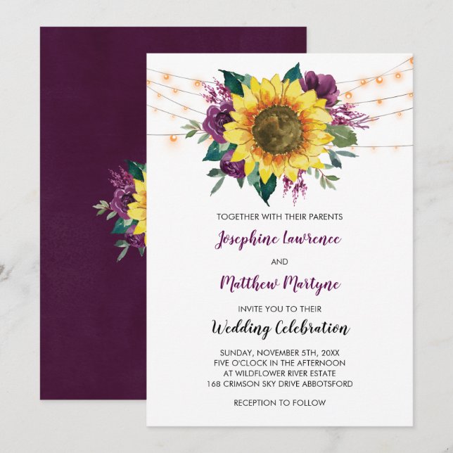 Blumenblume Pflaume Lila Rose Lights Hochzeit Einladung (Vorne/Hinten)