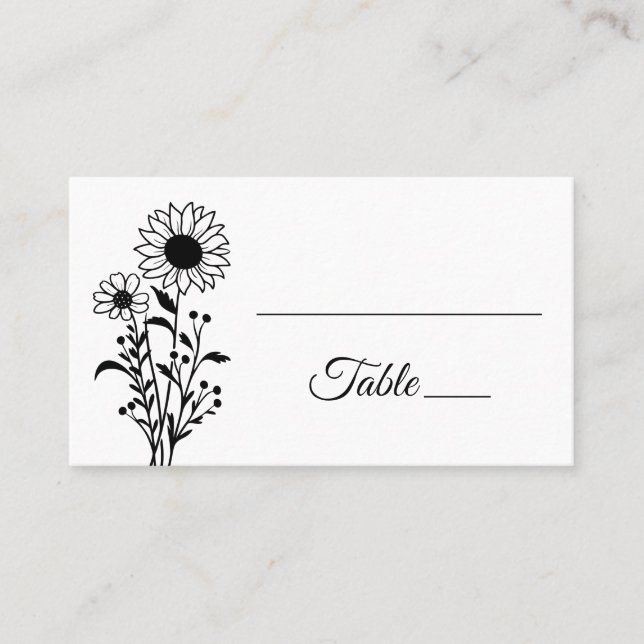 Blumenblumen Minimalistische Schwarz-weiße Sonnenb Platzkarte (Vorderseite)